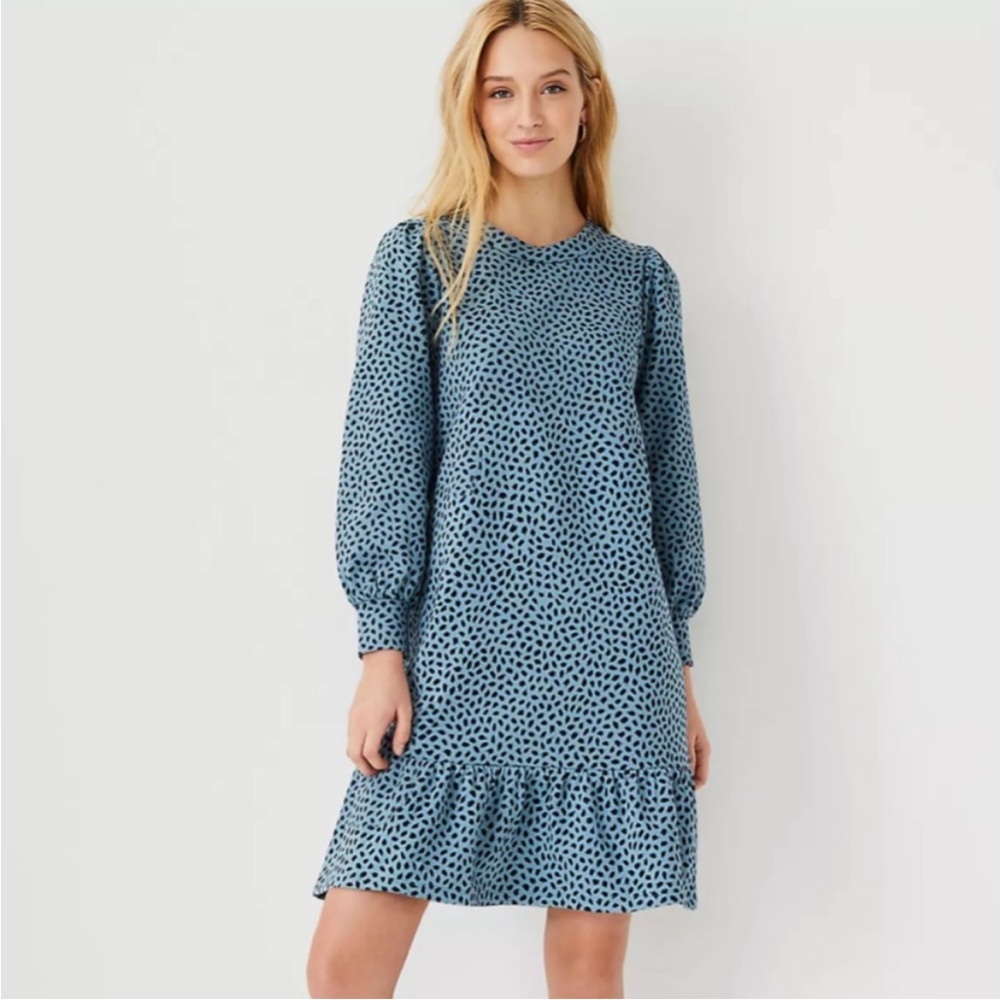 Ann Taylor NWT Spotted Ruffle Dress Petit Small Blue Puff Sleeve Cheetah